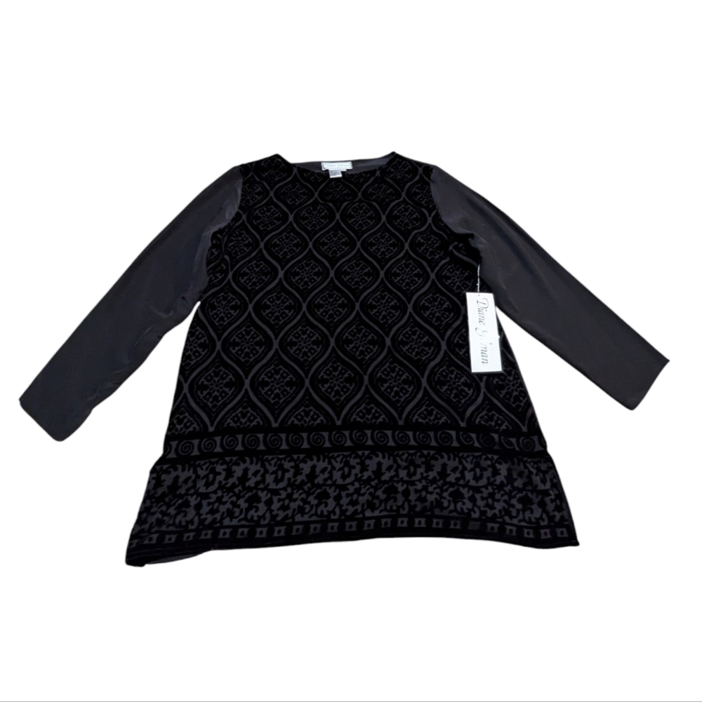 NWT Diane Gilman Black Silk Rayon Velvet Sheer Tunic Blouse Large